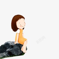坐在岩石上的小女孩素材
