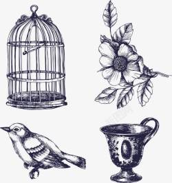 手绘花卉鸟笼和鸟水杯素材