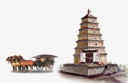 复古中国风雷峰塔马车装饰素材