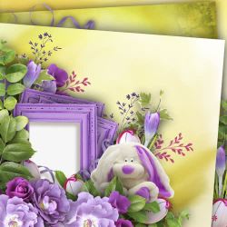 黄色墙壁紫色木质边框花朵素材