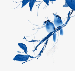 蓝色手绘枝头小鸟素材