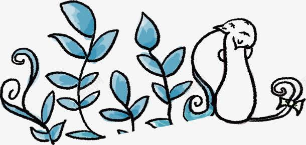 蓝色松鼠手绘动物植物png免抠素材_88icon https://88icon.com 动物 松鼠 植物 蓝色