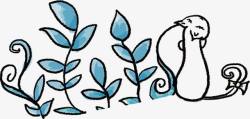 蓝色松鼠手绘动物植物素材