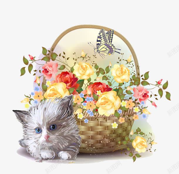 花篮边的猫png免抠素材_88icon https://88icon.com 动物 插画 猫 篮子 花卉 花篮 蝴蝶