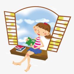 坐在窗外看书的女孩素材