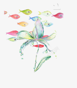 彩色手绘鱼群花朵素材