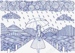 复古风手绘雨中打伞的女孩素材