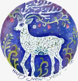 紫蓝色小鹿新年插画素材