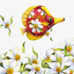 手绘花金鱼白色花卉图案素材