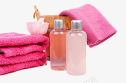 粉色沐浴液木桶毛巾浴场素材