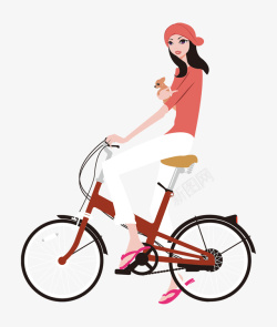 女孩骑单车春游手绘扁平插画素材