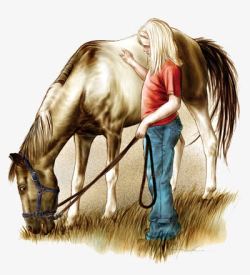 喂马的小女孩素材