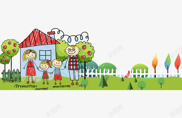 手绘一家人png免抠素材_88icon https://88icon.com 一家人 卡通 房子 手绘 植物 绿色 草地