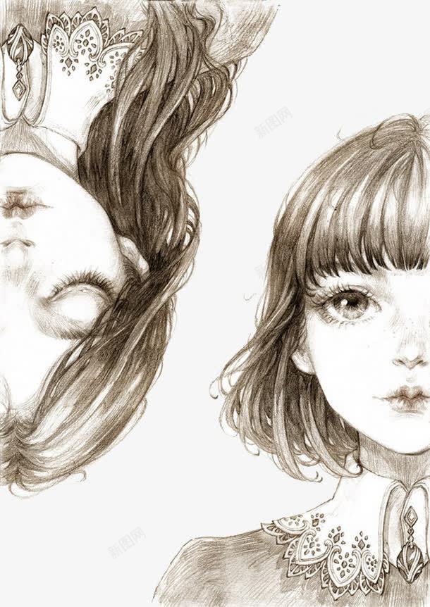 手绘女孩png免抠素材_88icon https://88icon.com 卡通女孩 插画 素描 镜像女孩