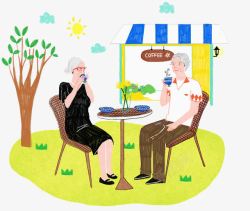 可爱插图露天咖啡厅喝咖啡的老人素材