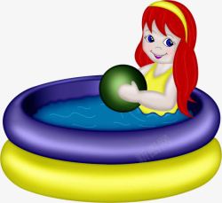 卡通充气游泳池中的玩球小女孩素材