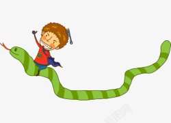 卡通手绘骑绿色蛇小男孩素材