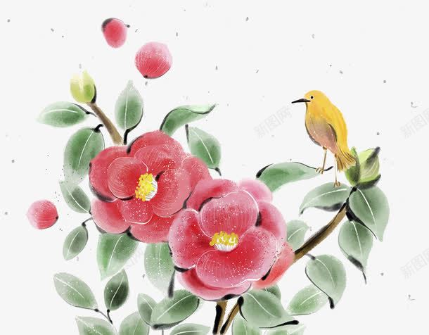 山茶花墨水洗插画png免抠素材_88icon https://88icon.com 山茶 山茶花墨水洗插画 手书 红色 花瓣 鸟