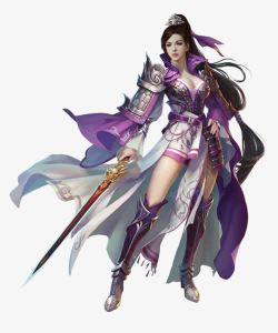 长剑紫衣古风手绘女子素材