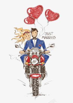 骑摩托车的新人夫妻插画素材
