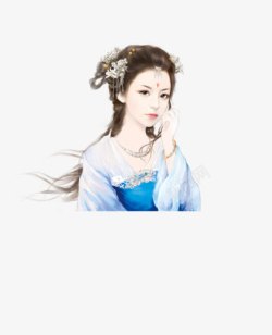 蓝衣女子手绘古风素材