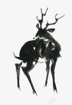 手绘水墨画黑色的鹿素材