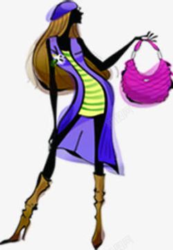 手绘美女时尚人物手拿袋紫色素材