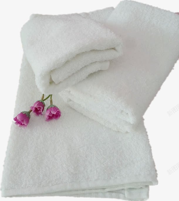 三朵小花放在叠起的毛巾上png免抠素材_88icon https://88icon.com 卫生 整洁 毛巾 白色 装饰物