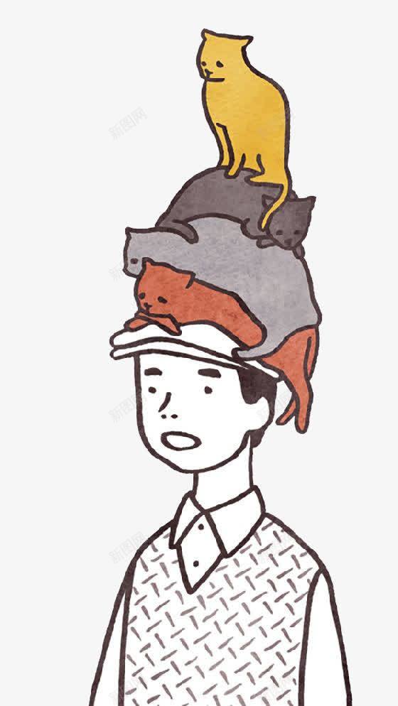 男孩与猫png免抠素材_88icon https://88icon.com 男孩 蹲在头上 黄猫 黑猫