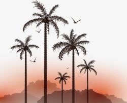 椰子树夕阳海鸥植物矢量图素材