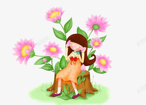 卡通手绘小女孩和粉色花朵植物png免抠素材_88icon https://88icon.com 卡通女孩 树墩 植物 粉色花朵 花朵