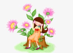 卡通手绘小女孩和粉色花朵植物素材