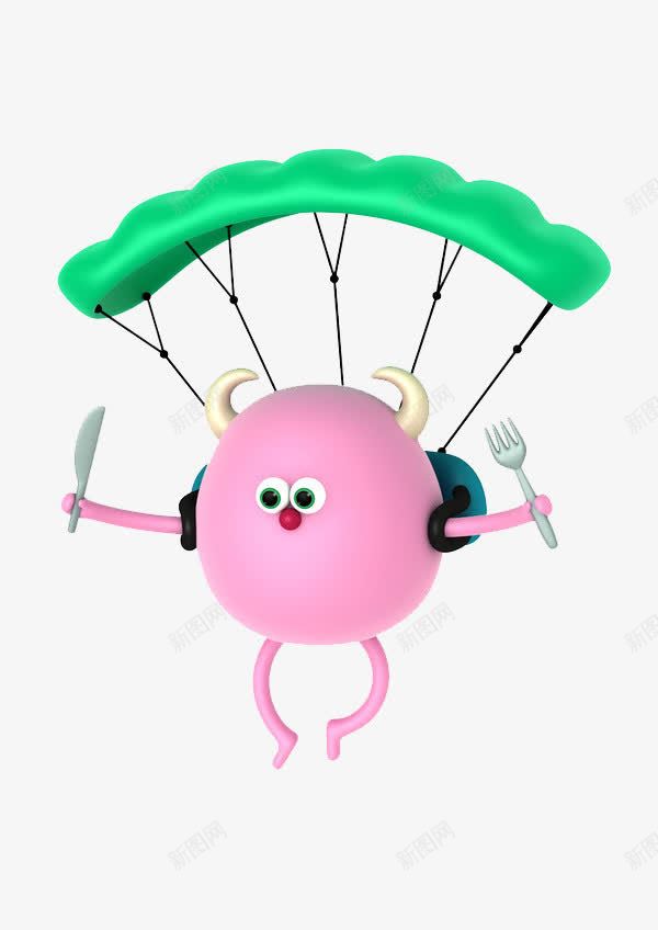 绿色降落伞粉色圆身子手绘玩偶png免抠素材_88icon https://88icon.com 卡通 粉色圆身子 绿色降落伞