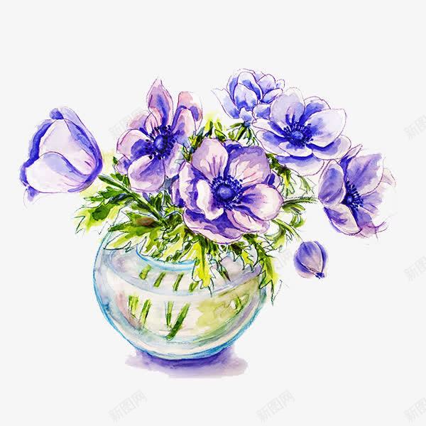 一瓶花png免抠素材_88icon https://88icon.com 插画 玻璃花瓶 紫色花 绿叶 花