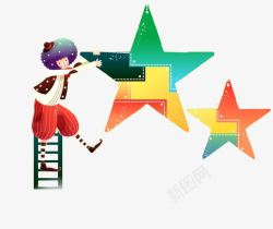 爬上梯子接触星星的可爱卡通儿童素材