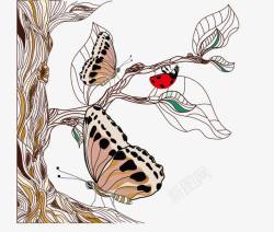 树上的蝴蝶和七星瓢虫素材