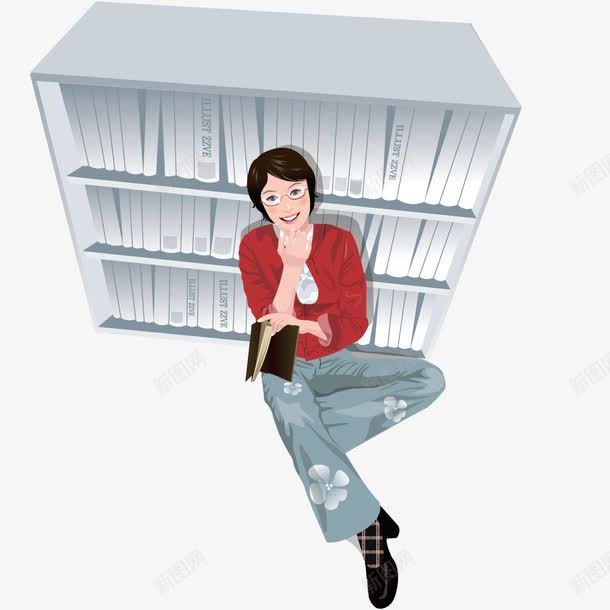 靠在书柜上的女孩png免抠素材_88icon https://88icon.com 书架 书柜 图书室 女孩 看书