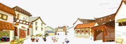 黄色中国风小镇装饰图案素材