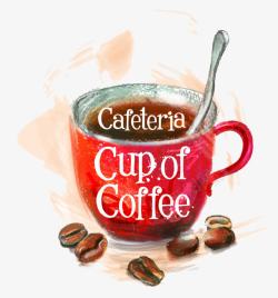 红色咖啡杯咖啡豆素材