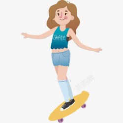 快乐滑板的长发女孩素材
