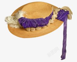 女士黄色编织帽紫色丝带实物图素材