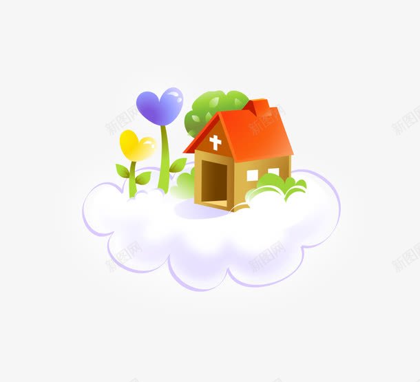 卡通手绘云朵上房屋心树png免抠素材_88icon https://88icon.com 云朵上的房子 卡通的房子 心树 手绘的房屋