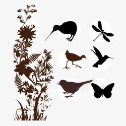 鸟和植物轮廓素材