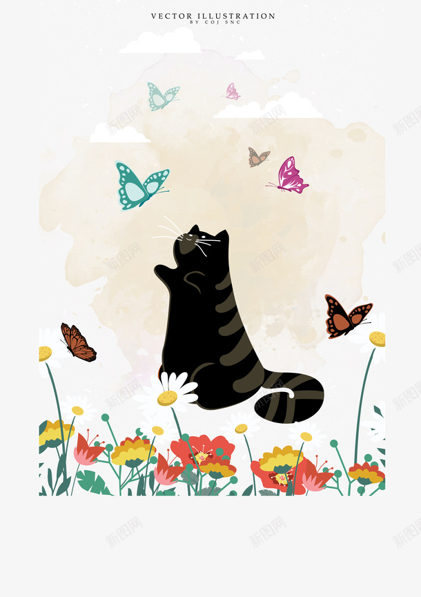 猫动物插画矢量图ai免抠素材_88icon https://88icon.com 花丛 蝴蝶 蝴蝶装饰 装饰插画 黑猫 黑色动物 矢量图