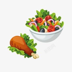 水果沙拉和鸡腿素材