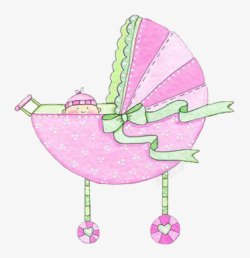 卡通手绘粉紫色的婴儿推车素材
