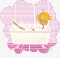 粉色卡通插图美女浴缸泡澡素材