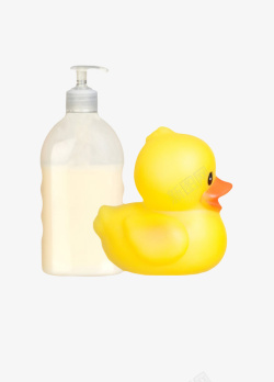 黄色玩具橡胶鸭和沐浴露实物素材