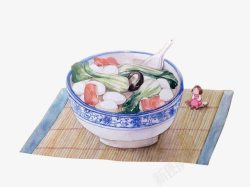 手绘青花瓷碗里的鱼丸汤素材