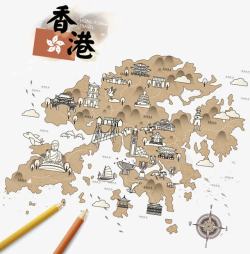 手绘香港旅游指南路线图素材